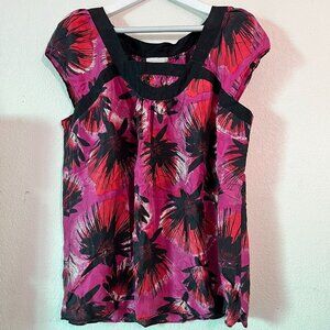 Classiques Entier Womens Floral Print Cap Sleeve Silk Blouse Top XL Pink Black